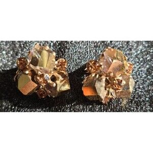 Vintage Designer Signed VOGUE Amber Rhinestone Gold Tone Clip Earrings